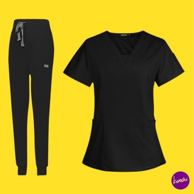 BAOBLAZE Women's Scrub Set, V-Neck Short Sleeve Top & Pants, Black, UK XXL