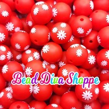 Set of 10 - 15mm - RED W/ WHITE FLOWERS - Round Silicone Beads for Diy and