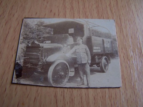 WW1 Military Soldier in Uniform Leaning on Vehicle Vintage Photo