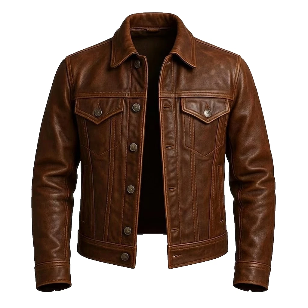 Men’s Premium Brown Leather Jacket Classic Western Trucker Style Coat