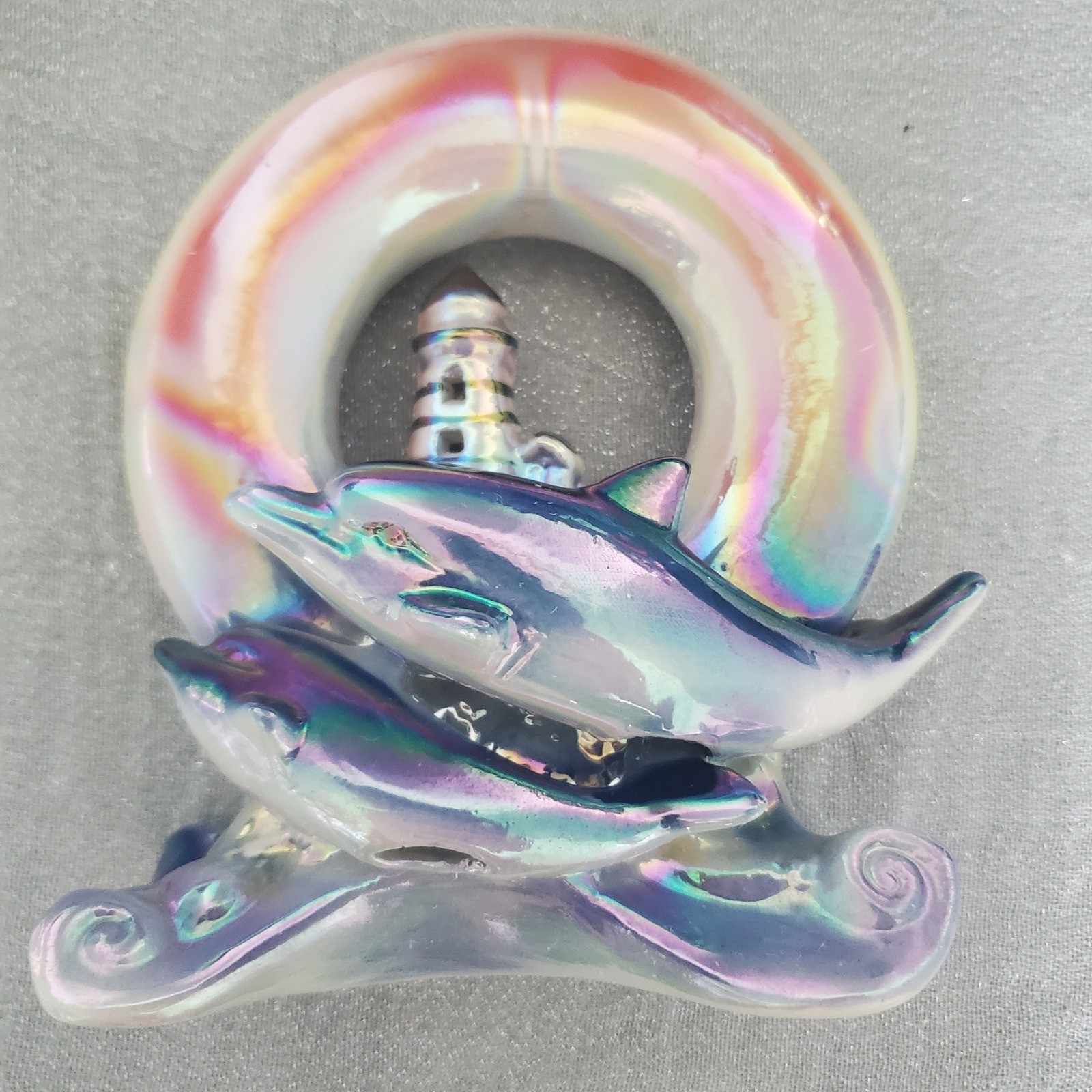 Vtg Lusterware Ceramic Dolphin Lighthouse Figurine Pearlescent Coastal Decor