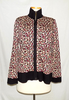 Misook Leopard Print Bomber Sweater Jacket Full-Zip Acrylic Knt Multicolor L NEW