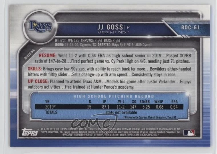 2019 Bowman Draft Chrome Orange Refractor /25 JJ Goss #BDC-61 - Image 2 of 2
