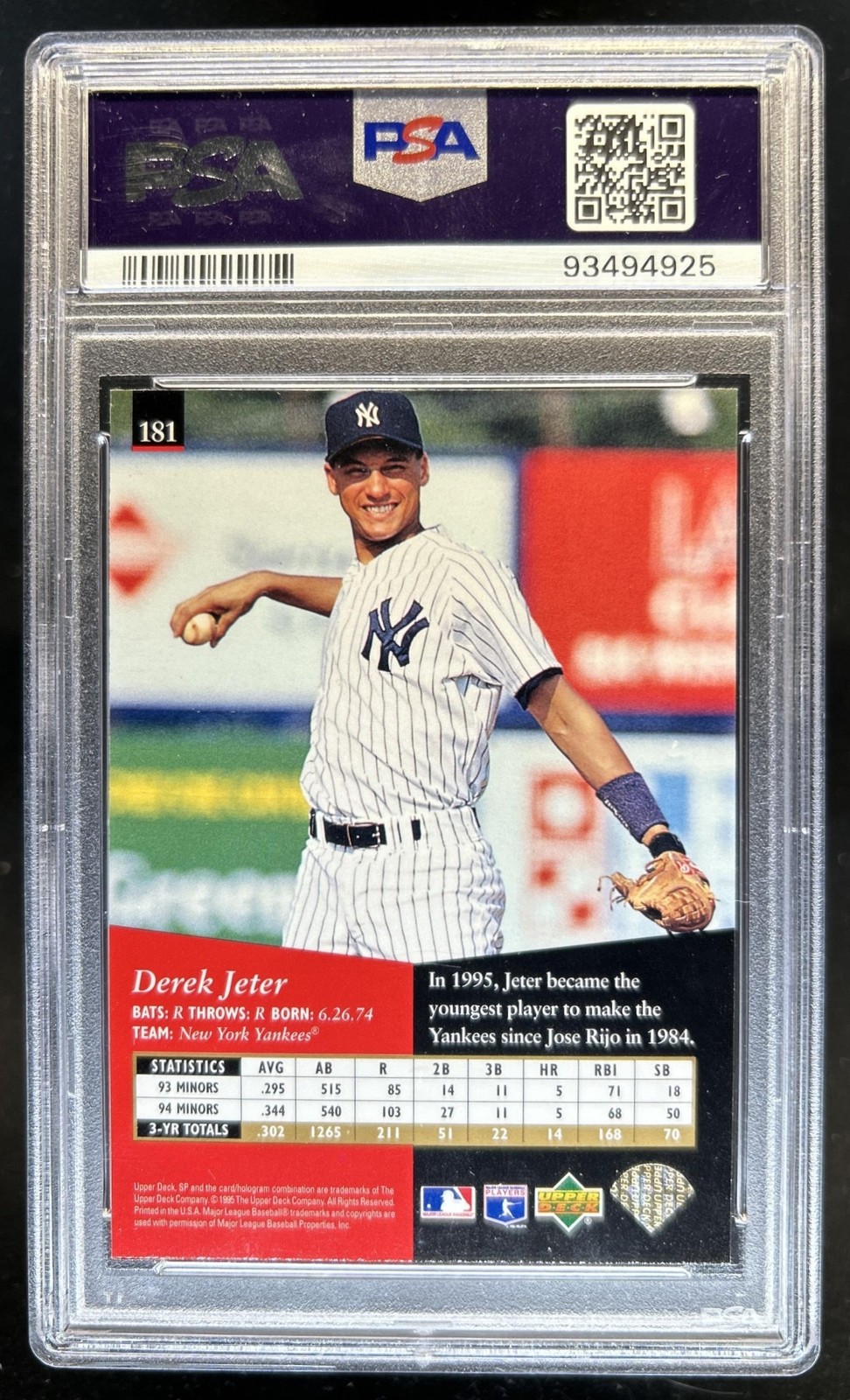 1995 SP Derek Jeter RC #181 New York Yankees PSA 8 Rookie view 2