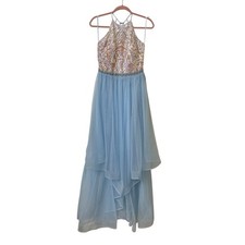 Teeze Me Light Blue Sequin Tulle High Low Halter Prom Gown