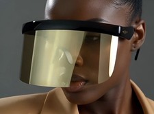 Oversized Modern Retro Wrap Shield SUNGLASSES XL Big Huge Black Frame Gold Lens