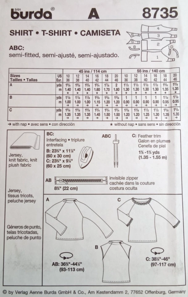 BURDA UNCUT Pattern 8735 Misses Sz 10-20 Semi-Fitted Pullover Top Varied Sleeves - Image 4 of 4