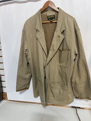 Vtg Sierra Trading Post Safari Brush Jacket Mens L Khaki Beige Leather Patch