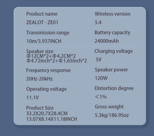 Zealot ZE01 120W Wireless Speaker TWS Dual Pairing, Power bank, RGB Light - Picture 15 of 15