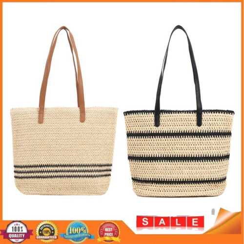 Summer Straw Shoulder Bags Women Striped Woven Beach Vacation Shopper Handbags - Picture 1 of 18