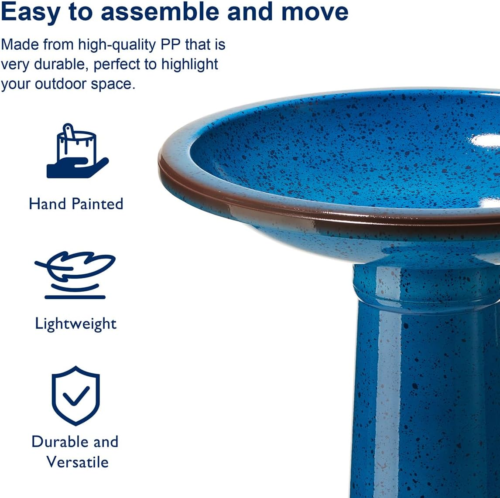 21.5" H Cobalt Blue Faux Ceramic Bird Bath for Outside, Hand-Painted Tall Pedest - Picture 4 of 9