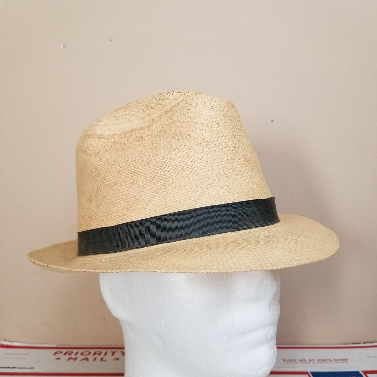 Vintage 50s 60s Stetson Panama Straw Fedora Hat Black Band Detroit