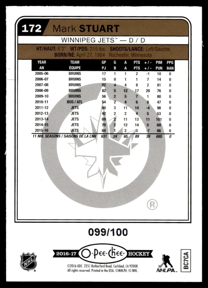 2016-17 O PEE CHEE BLACK RAINBOW FOIL /100 Mark Stuart Winnipeg Jets #172 - Image 2 of 2