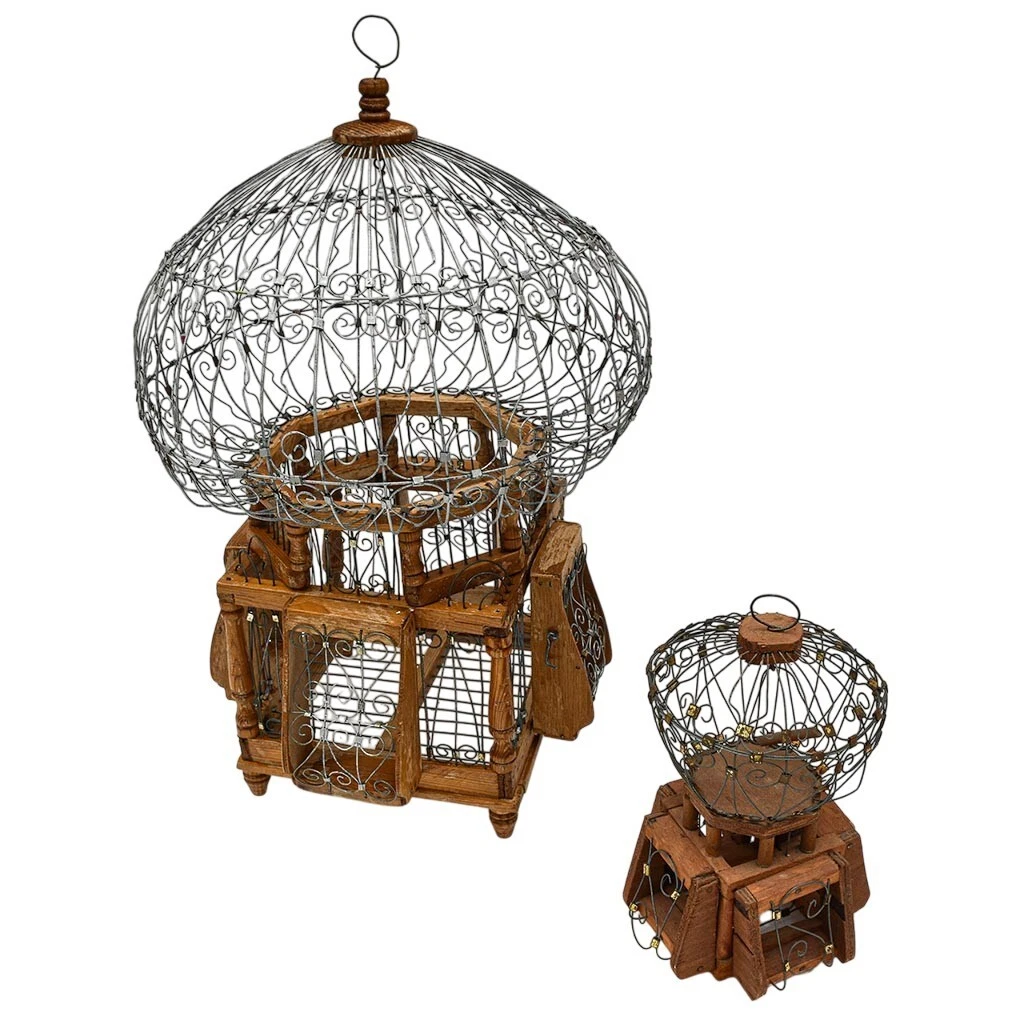 Vintage Antique Iron & Round Wood Decorative Bird Cages