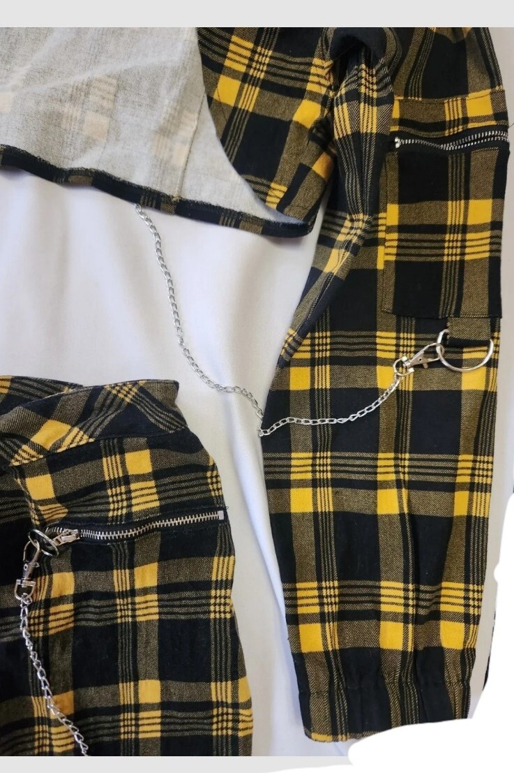 American Bazi Yellow Plaid Punk Croped Jacket & P… - image 12