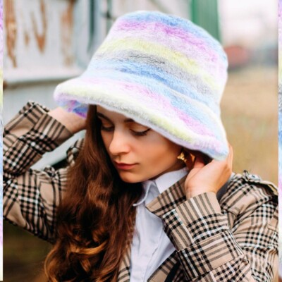 Striped Multicalor Rainbow Warm Faux Fur Winter Bucket Hat  display picture 1