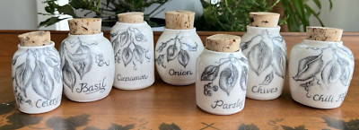 Set of 7 Handmade Studio Pottery Foliage Decorated Spice Herb Jars w/ Cork Tops