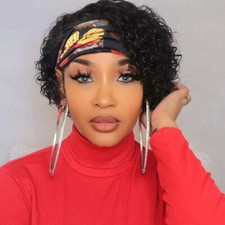 Short Deep Curly Headband Wig Human Hair Kinky Curly for Black Women None Lace