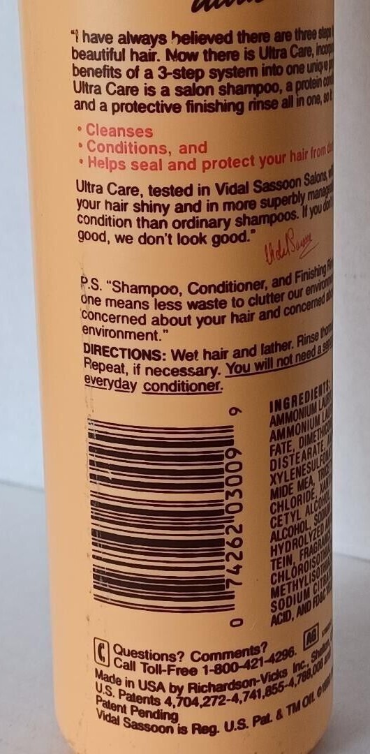 VTG 1990 Vidal Sassoon Ultra Care Salon Shampoo Protein