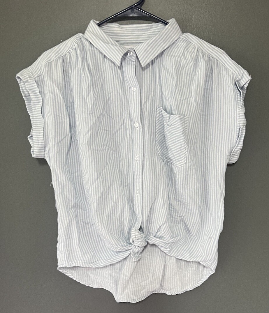Women's Japan Sz M Top S/S Button Up Tie Front Blue White Stripes