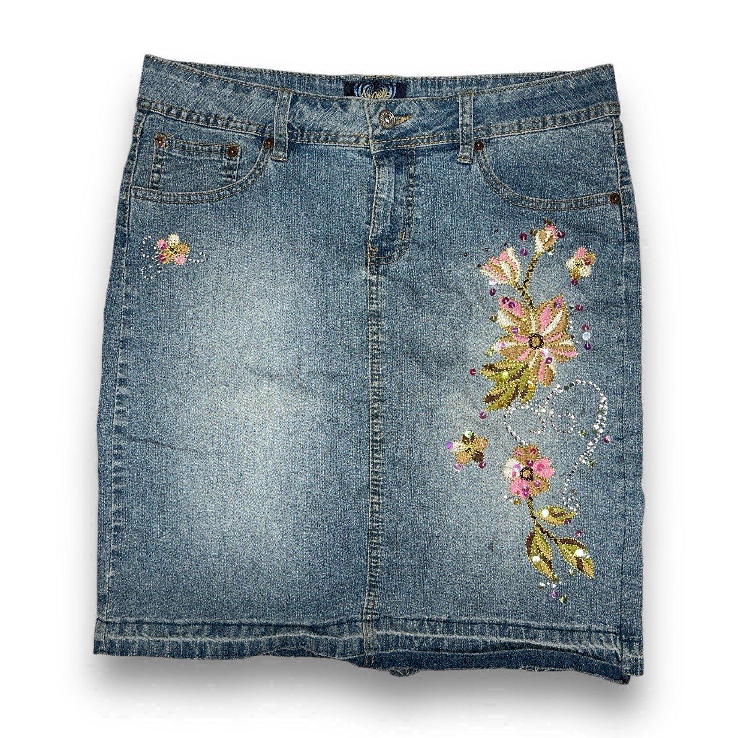 angels vintage y2k floral emboidered denim midi skirt 10/11
