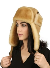 Women's Leather Aviator Sheepskin  Hat - Tan