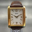 Seiko Watch Men 28mm White Dial Gold Tone Date Rectangle V732-0449 New Battery