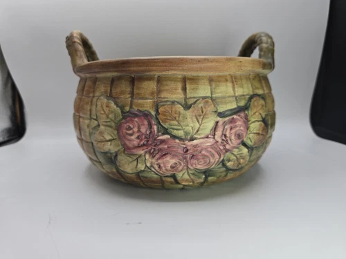 Weller Pottery Flemish Jardinière Rose Basket Planter Double Handles Weave