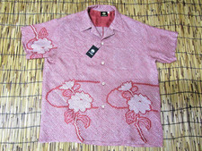 Japanese Antique Silk Kimono Aloha Shirt Men's XL Red Shibori Tie-Dye