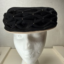 Vintage Schiaparelli Black Wool Pillbox Hat with taupe stitching