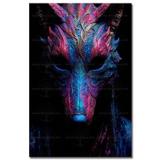 Feathered Wolf Mask Art Print, Vibrant Ceremonial Study Poster, Office Decor