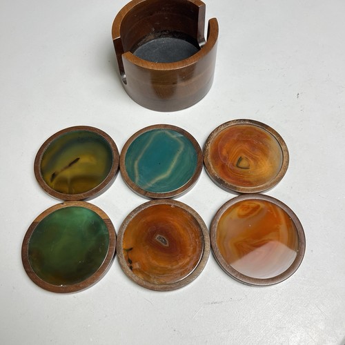 MCM VTG Agate Brazilian Wood Round Felt Back Drink Coasters Geode Stone Set Of 6