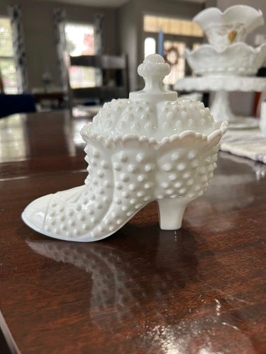 Vintage Fenton Hobnail Milk Glass Victorian Shoe with Lid Candy Trinket Dish