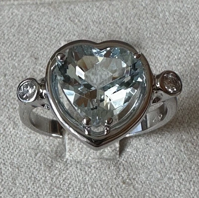 Carlo Raspagni Bague Or Blanc 18kt Cœur Acquamarine Naturelle & Diamants - Photo 1/4