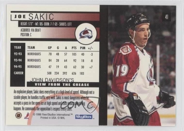 1995-96 Skybox Impact Joe Sakic #41 HOF - Image 2 of 2