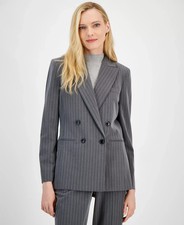 Tahari ASL Pinstripe Double-Breasted Jacket Women's 4 Gray/Ivory Long Sleeve