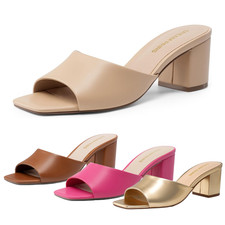 Women's Chunky Low Heel Mule Sandals Square Toe Slip On Slide Sandals