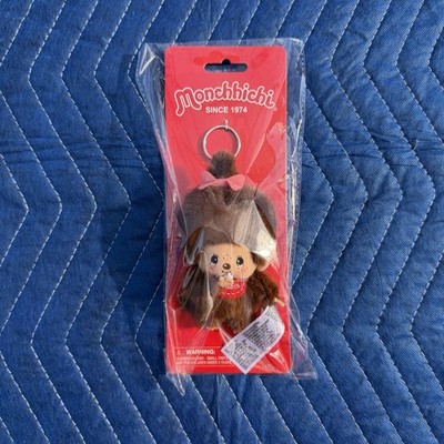 Sekiguchi Monchhichi Classic Girl Monkey Plushie Keychain 4'' Red Bib & Bow NEW!!
