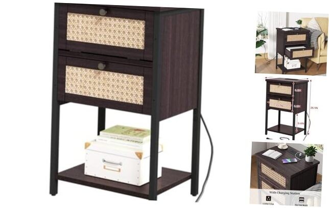 Rattan 2-Tier Cherry Red End Table with Built-In Charging Station