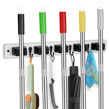 Broom Holder Wall Mount With 5 Slots & 4 Hooks，Rustic Wood Broom & Mop Ha