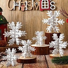 12 Pcs Wooden Snowflake Table Decor 3D Snowflake Tabletop Signs and White