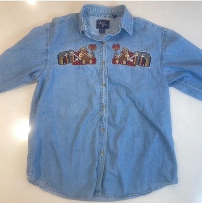 Vintage Denim Embroidered Shirt CATS Books Teddy Bear Let s Quizz Again  Large