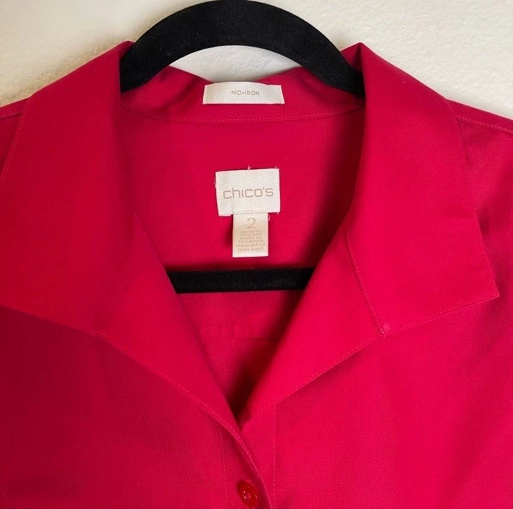 Chico’s Effortless 棉鞋底衬衫 无铁纽扣上衣 尺寸 2 大号 红色 — 第 3/4 张图片