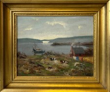 Ölbild Fischerdorf am Meer Skandinavien Fischerboot und Kühe H. Bjardam signiert