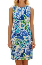 Chaps Size 4 Womens Blue White Watercolor Floral Sleeveless Cotton Stretch Dress