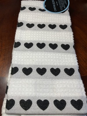 CYNTHIA ROWLEY KITCHEN TOWELS (3) WHITE BLACK HEARTS 70% COTTON 30% RAYON NWT