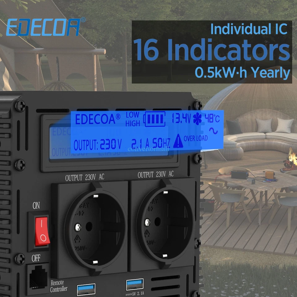 EDECOA 1500W/3000W Convertisseur Pur Sinus 12V 220V Onduleur LCD Camping - Photo 3/4