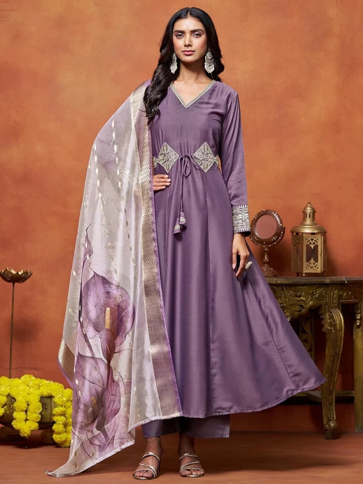 Women's Cotton Silk Embroidered Anarkali Kurta Palazzo with Digital Print Dupata - Image 2 of 4