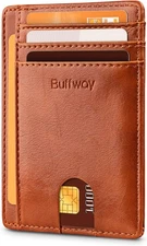 Buffway Slim Minimalist Front Pocket RFID Blocking Leather Alaska Brown 