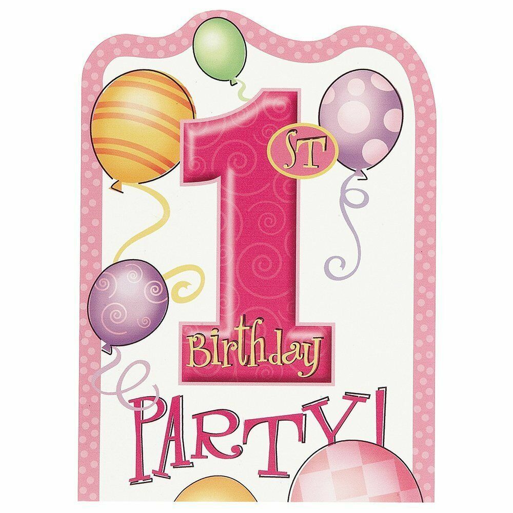 1st Birthday Invitation Card for GIRL Pack of 8 cards with envelopes Balloons